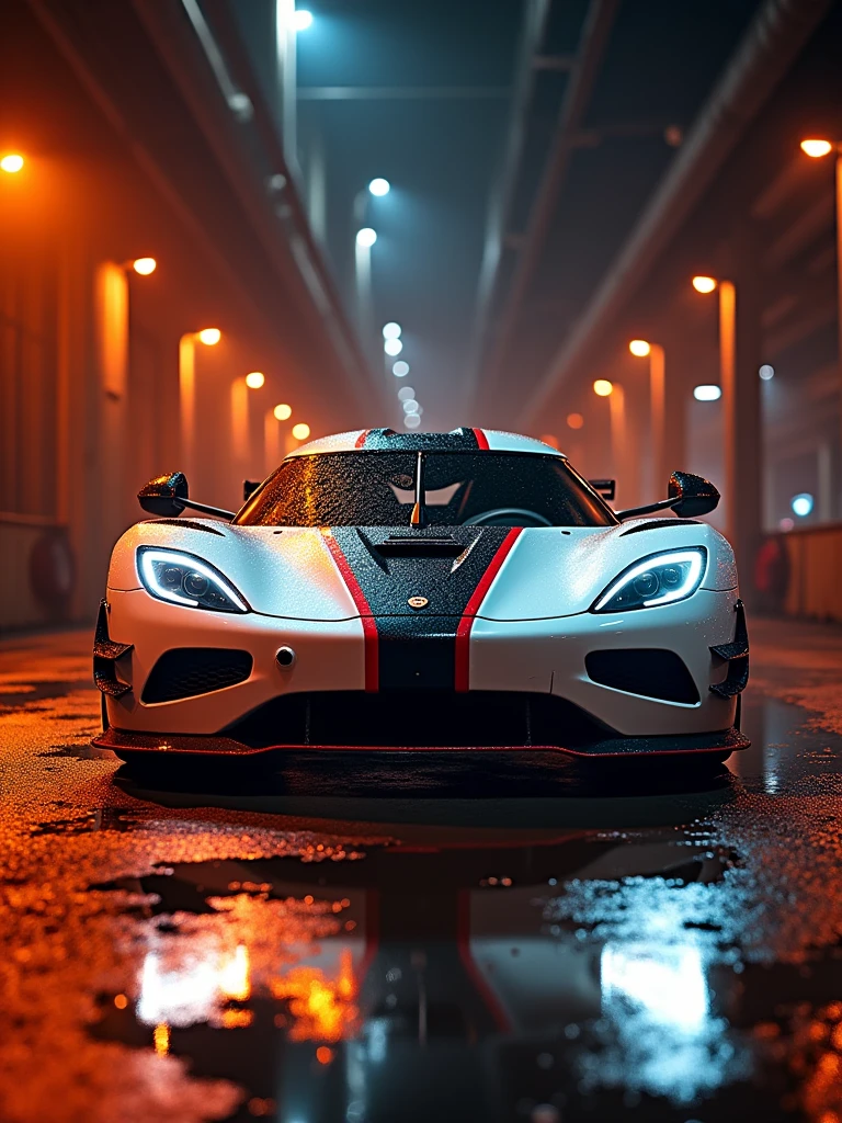 A stunning nighttime photo that captures the essence of high-speed adventure. A sleek, white koenigsegg agera rs sports car is parked at an industrial location, its wet, metallic surface reflecting the golden glow of the surrounding environment. The wet pavement illuminates the car's striking red color, creating a dreamy atmosphere. The orange-tinted lights of the industrial area cast a warm, ethereal glow over the scene, as if the car's high-octane energy has been immortalized in a single, thrilling moment. The cinematic quality of the photo evokes a sense of speed, power, and grandeur., cinematic, photo