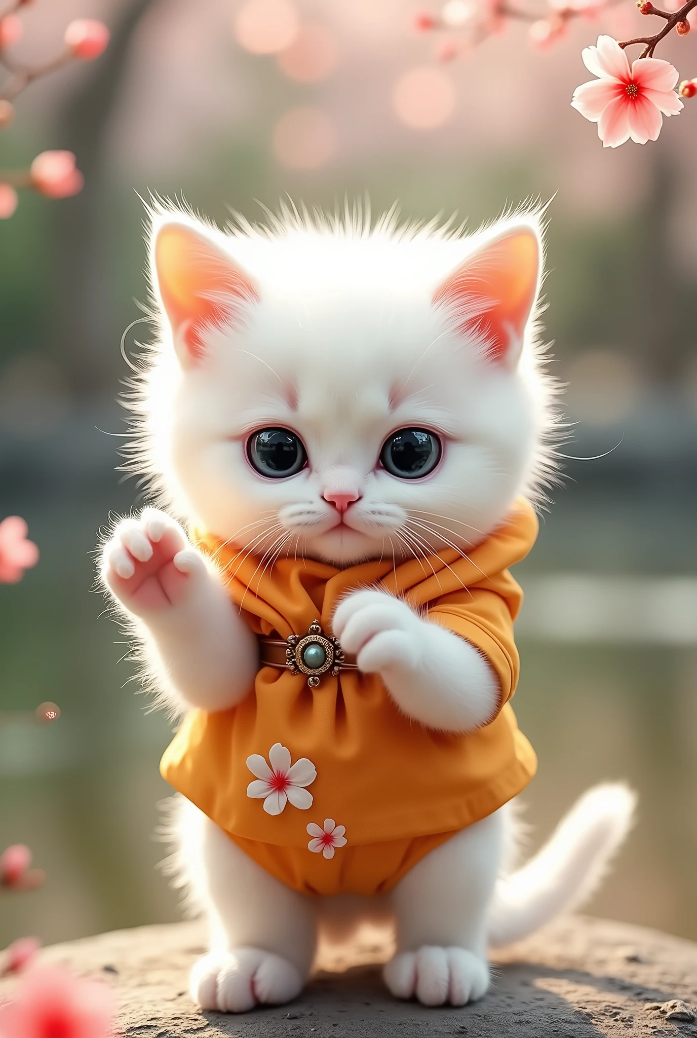 A small white kitten standing facing forward with its front legs raised。
Big eyes with a cute, human-like expression。Slightly larger head than body。limbs are short。
Flower Outfit。Glossy texture。
Japanese background。Japanese Gardens。