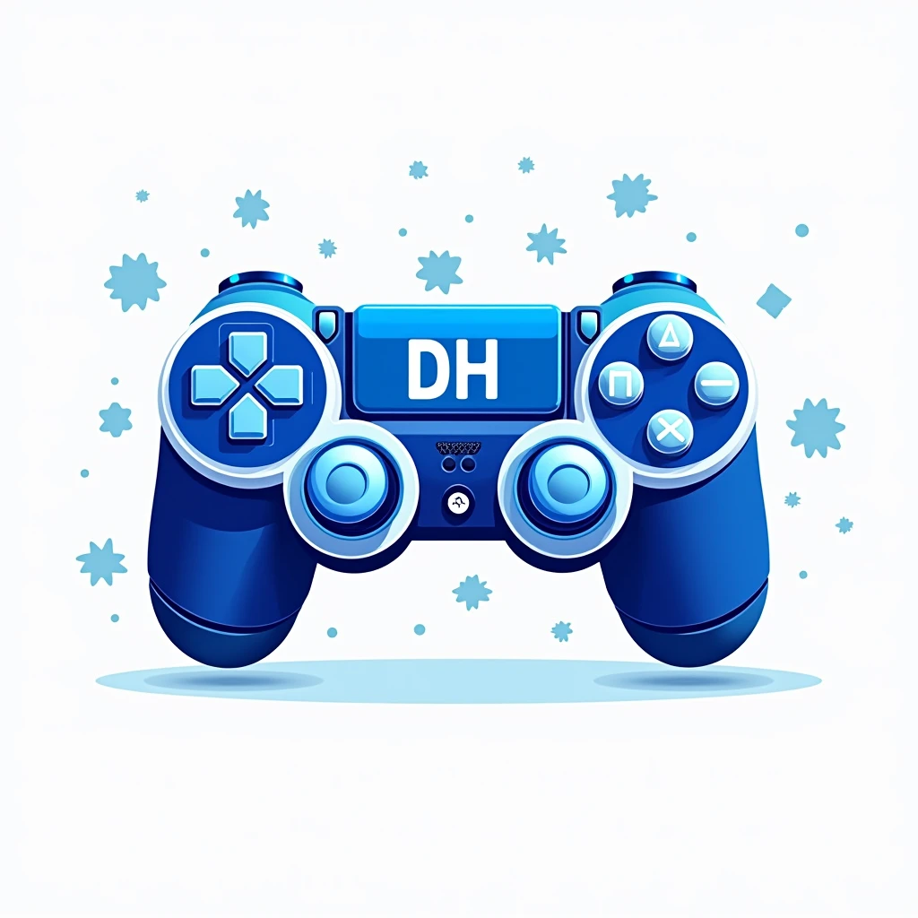 Blue logo with the name DH PLAY, with video game theme and playstatio 4 controller,