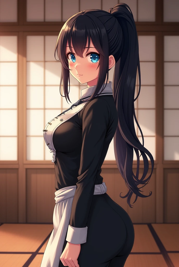 Anime Japanese woman Black hair Ponytail Blue eyes Butler uniform Black slacks Japanese-style room Big breasts Big butt In heat
