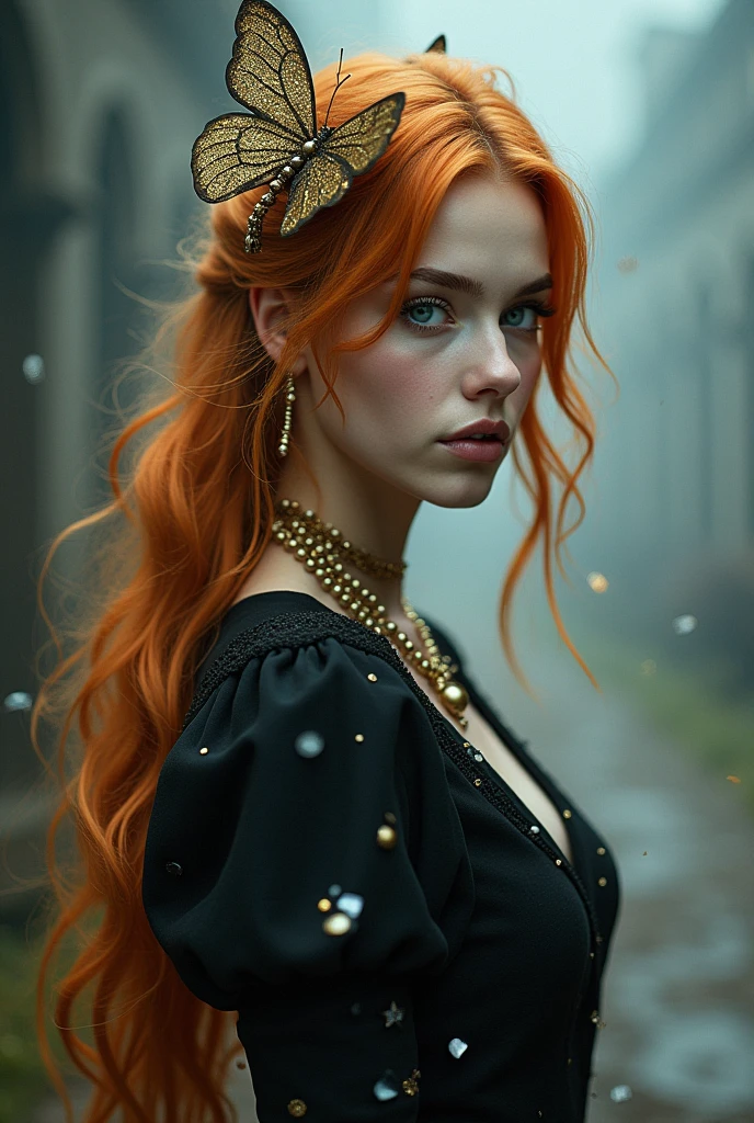 (solo, full body photo:1.3), (action packed:1.3), (haze, fog, mist:1.3), chiaroscuro, best quality, photorealistic, 1woman, (cute), (24yo:1.2), redhead, long ginger hair highly detailed, 1700'S, digital photography, art by artgerm and ruan jia and greg rutkowski surreal painting gold butterfly filigree, broken glass, (masterpiece, sidelighting, finely detailed Fashionable eyes: 1.2) (perfect oval large eyes that gazes at the viewer), beautiful detailed face, blue gorgeous perfect eyes, (blonde hair ponytail), (attractive young woman:1.3), (thick amazing hair), (seductive:1.1), (blushing:1.1)