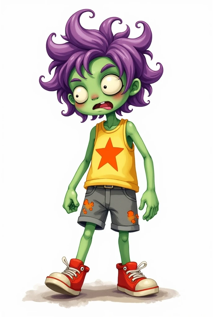 (photorealism:1.2), A watercolor artistic style friendly character of a zombie nonbinary with green skin and curly purple hair, wearing a sleeveless yellow shirt with an orange star on the front, gray shorts with orange accents, and red sneakers. expresses an emotion somewhere between doubt and surprise and excitement and friendliness. He is in a dynamic and tense pose, as if about to scream or flee. The image is a digital watercolor artwork, with soft details and vibrant colors. The background is simple and minimalistic to keep the focus on the character.
