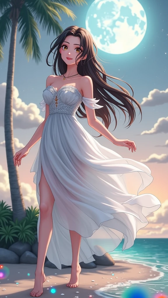 (masterpiece、Highest quality、8k、High resolution)、One female、(Beautiful Face、Beautiful Face)、Beautiful eyes、Beautiful lips、Beautiful nose、Brown-black hair、(The best girl in anime)、Sandy beach with a view of the forest、A bright night with stars visible、full moon、milky way、体whole bodyから神秘的な光の粒子、Colorful light particles、A mysterious light glowing around the head、melt、jewelry、necklace、dress、(whole body)、Highly detailed anime art、A complete portrayal、