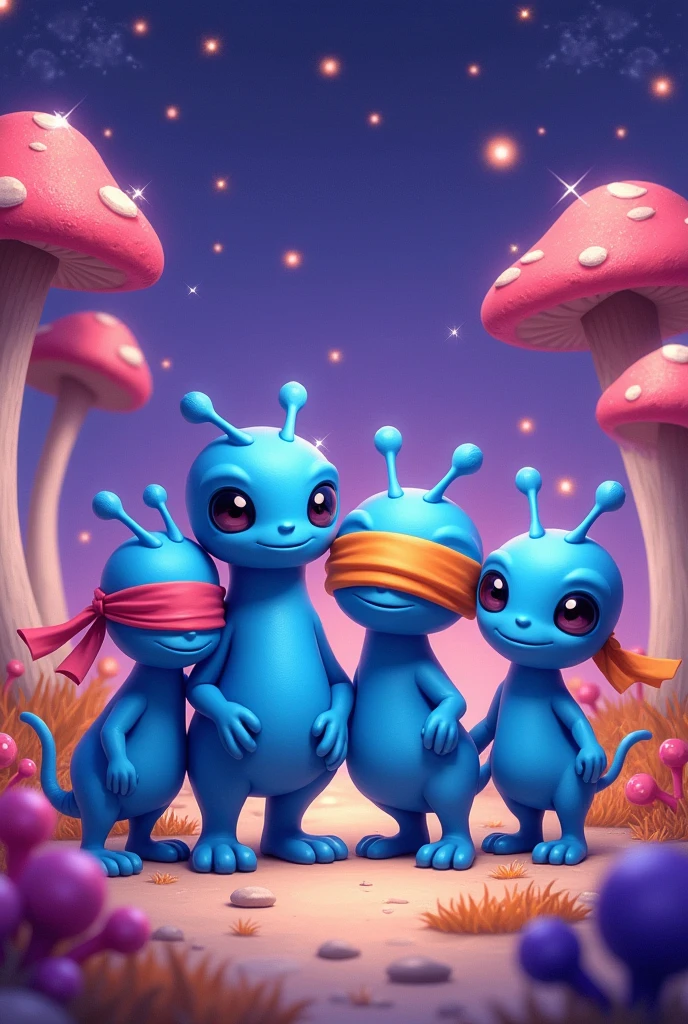 4 blue aliens blindfolded 2D