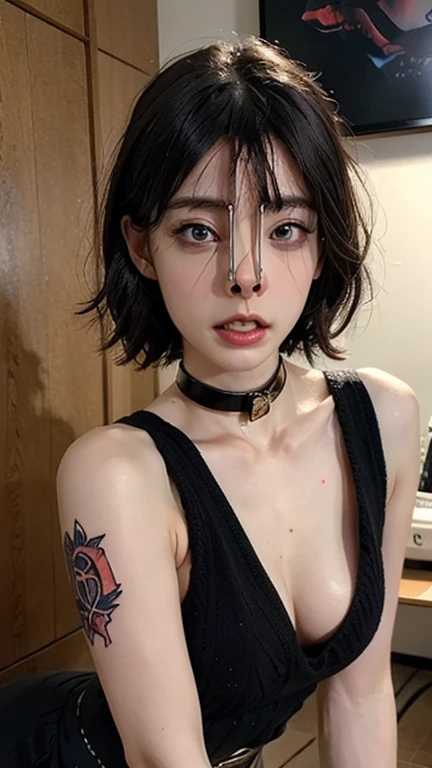(Browsing Caution:-2), (Realistic, photo-Realistic :1.4), (Highest quality, masterpiece:1.2), RAW Photos, High resolution, Intricate details, Very detailed, Realistic and sharp details, Portraiture, (Bust Shot, Front view:1.2 ), alone, Beautiful Japanese Woman, Beautiful woman, Black Hair, (Short Bob Hair), Detailed face, Detailed eyes, Beautiful Eyes, Refined nose, Pale skin, Fine skin, (Nose hook, Chain strap), (Gemstone Choker), clavicle, shoulder, T-Shirts, skirt,