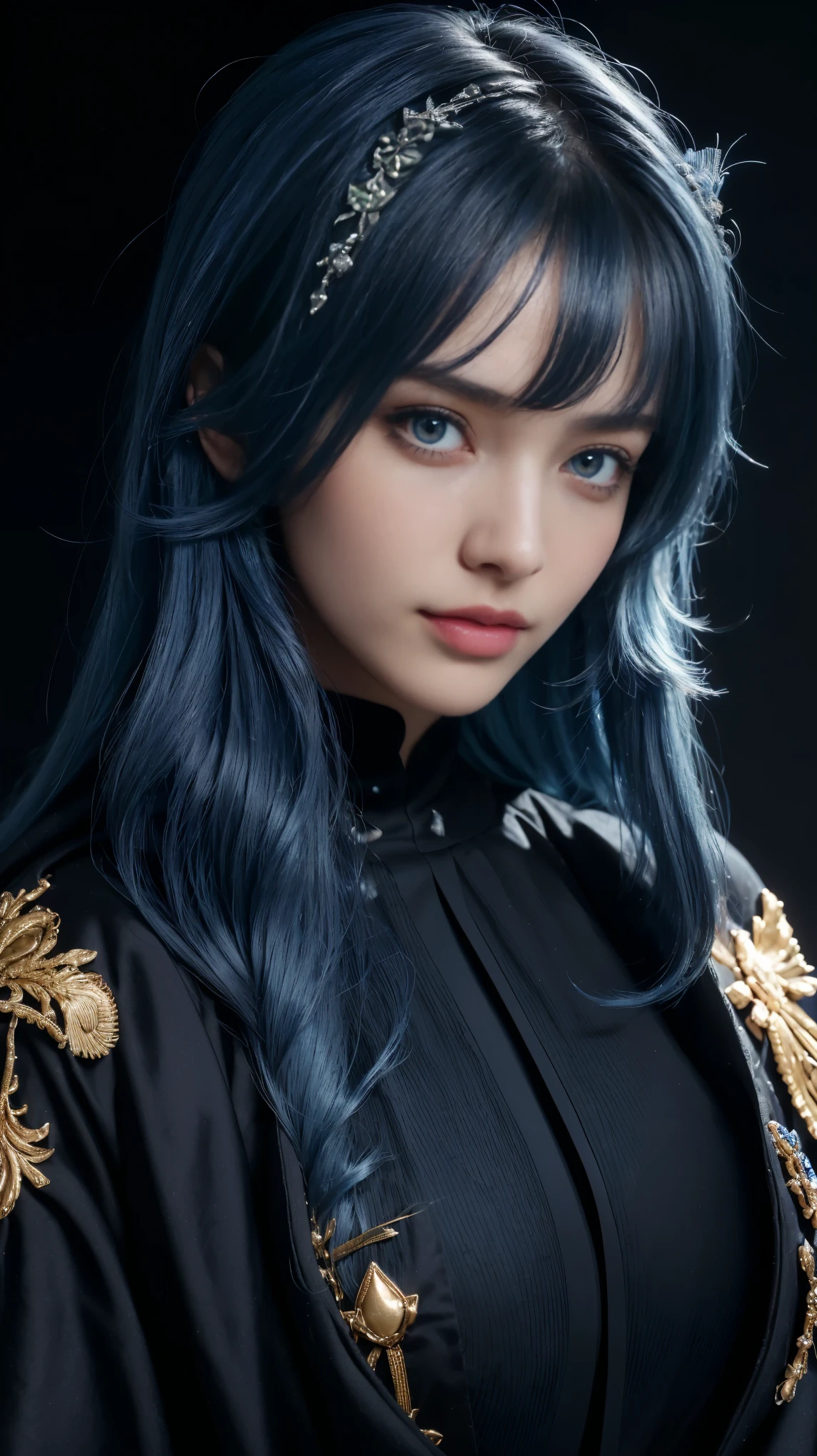 8K, Top Quality, Intricate Details, Ultra Detail, Ultra High Resolution, Masterpiece, close up shot, (full body: 1.1), ((close up shot, face shot, close up shot, portrait, face shot, passport shot, very close up shot, )) (()), Slender, Smile, (Makeup: 0.4), ), (Fluffy Eyes: 1.21), (((( )))), 1girl, solo, 1 girl, ((blue hair, blue hair, dark blue hair, (long hair), (bangs), bangs,,dark blue hair, blue hair , blue eyes, messy hair)), close up shot, , ((tall)), (((fit body))), (((slim face))), sharp face, (( abaya, abaya, abaya,)),(), ((abaya)), (detailed face), sharp face, small lips, smile, smirk, (( )), ,
((,)), , ((,)), detailed face, detailed breast, detailed breast, , ((large breast, huge breast, )), Navel, Exposed Abdomen, Pointed Chest,, (( dark background)), black background,