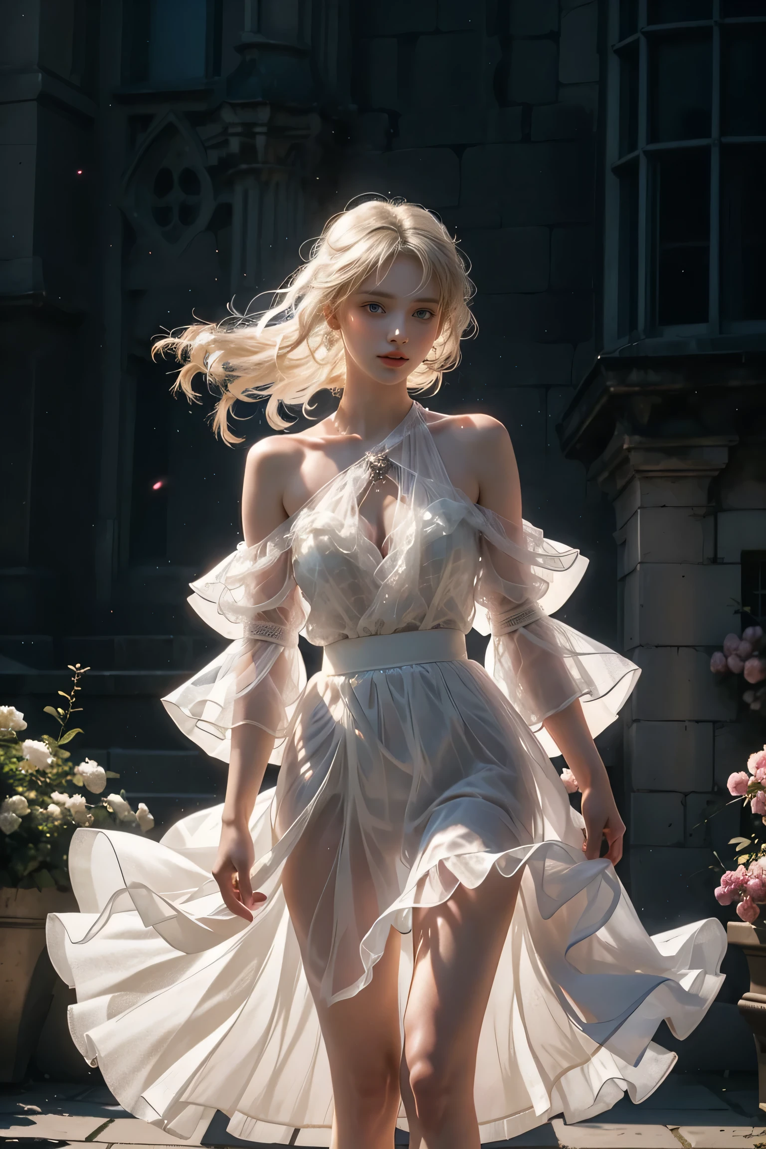 ((Girl standing in front of the castle wall))、Fluorescent color、One Girl、Look to the side、Beautiful Face、Beautiful Eyes、(Big Blue Eyes)(From the shoulder down:1。 2)、(Golden white hair)、Shiny Hair、Glowing Skin、Reduce glare、Finger Proportion Adjustment、Escrow、Butt viewpoint、Dynamic Angle、((Master Parts))、((Highest quality))、(((Ultra Details)、(An illustration)、(Detailed light)、(Very delicate and beautiful)、Dramatic Shadows、Ray tracing、reflection、Ultra-high resolution、((Master Parts))、((Highest quality))、((Ultra HD))。 Ultra-high resolution、((Colorful hair and mesh))、Her hair flutters in the wind、(Big deep blue eyes)、Golden white hair、haired woman、Sparkling Butterfly、Sparkling Butterfly、黒haired woman、Points of light around the woman、Magical Aura、Green dot、The nature of the aura、Magical Aura黒haired woman、 ((Translucent red one-shoulder dress: 1. 3)、(No sleeve)、((The skirt flutters up in the wind))、((An old European castle stands in the distance))、