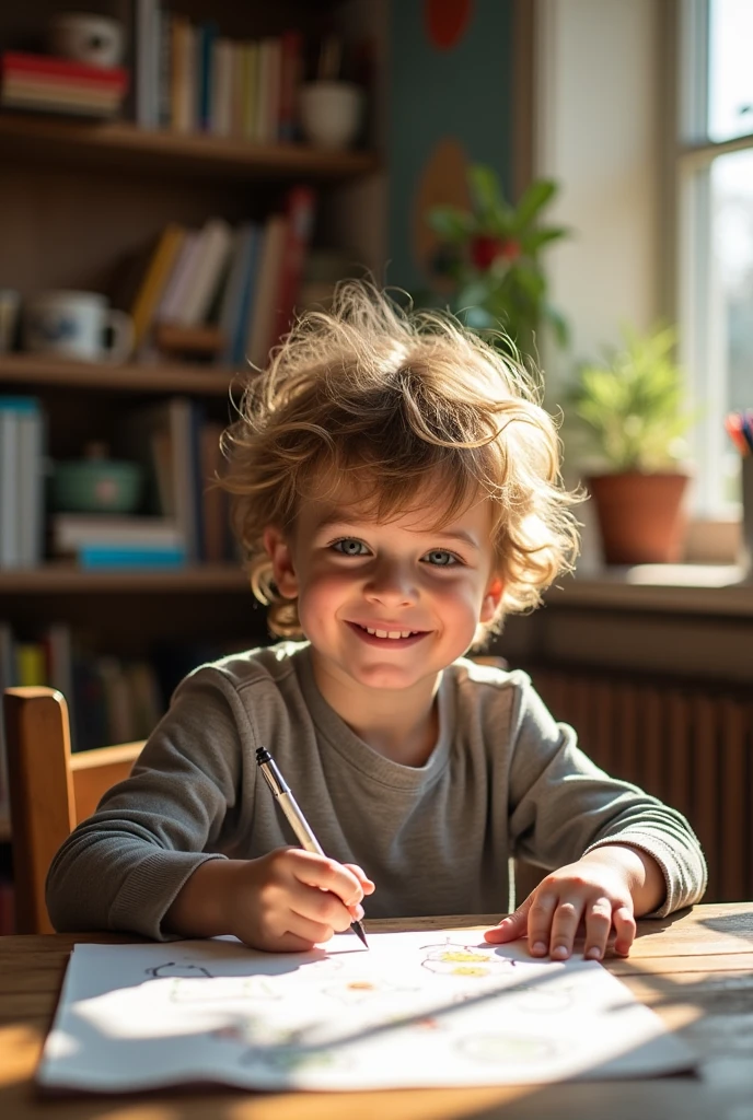One boy is writing on a paper with empty ink pen and he's smiling
