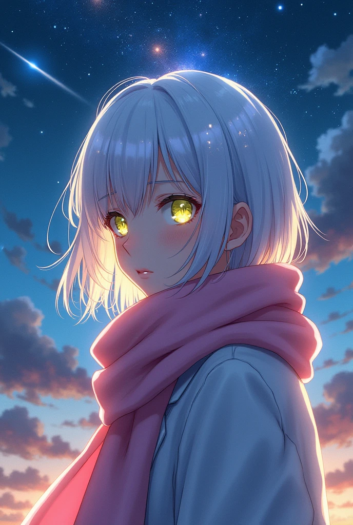 masterpiece，最佳quality，High Aims_quality，High purpose_solution，Beautiful night sky, (Stars), Meteor Showers, Beyond the clouds，Wide Angle, Stunning clouds，(Cyan and Orange:0.4),1 girl，，White prismatic hair，[yellow|green]Eye，Glowing white particles，whole body，serious，pink (scarf:1.3), epic background, evening, (HDR:1.5), (Soft colors:1.2), Ultra Detailed, (Art Station:1.5), White blazer, Warm lamps, Dramatic lighting, (Intricate details:1.1), author：Alexandre Calame、Alyssa Monks and Shigeru Ban 