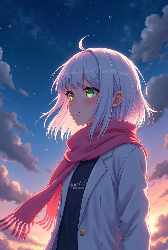 masterpiece，最佳quality，High Aims_quality，High purpose_solution，Beautiful night sky, (Stars), Meteor Showers, Beyond the clouds，Wide Angle, Stunning clouds，(Cyan and Orange:0.4),1 girl，，White prismatic hair，[yellow|green]Eye，Glowing white particles，whole body，serious，pink (scarf:1.3), epic background, evening, (HDR:1.5), (Soft colors:1.2), Ultra Detailed, (Art Station:1.5), White blazer, Warm lamps, Dramatic lighting, (Intricate details:1.1), author：Alexandre Calame、Alyssa Monks and Shigeru Ban 