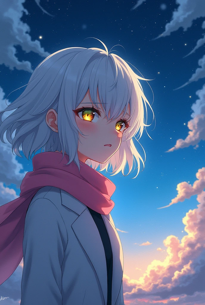 masterpiece，最佳quality，High Aims_quality，High purpose_solution，Beautiful night sky, (Stars), Meteor Showers, Beyond the clouds，Wide Angle, Stunning clouds，(Cyan and Orange:0.4),1 girl，，White prismatic hair，[yellow|green]Eye，Glowing white particles，whole body，serious，pink (scarf:1.3), epic background, evening, (HDR:1.5), (Soft colors:1.2), Ultra Detailed, (Art Station:1.5), White blazer, Warm lamps, Dramatic lighting, (Intricate details:1.1), author：Alexandre Calame、Alyssa Monks and Shigeru Ban 