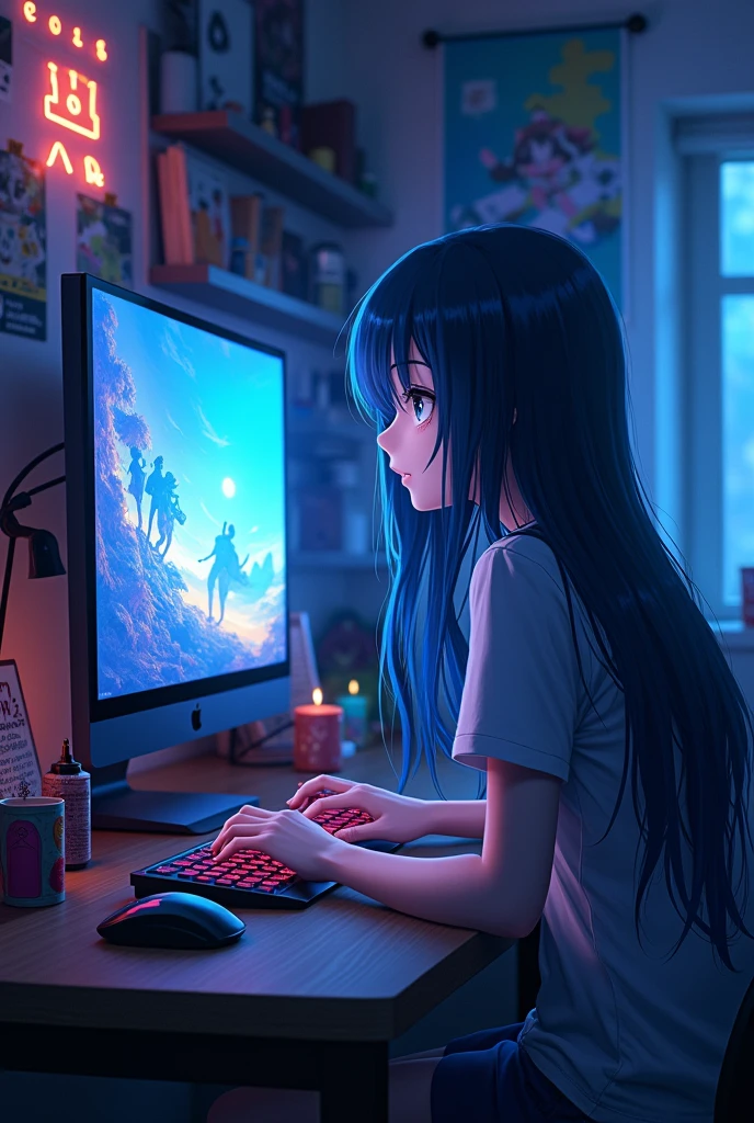 Anime drawing of a girl playing on a PC, long navy blue hair at night