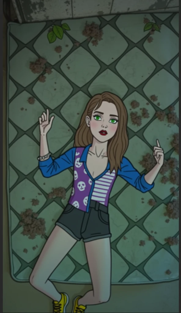 raw photo from extreme high angle, a white woman with brown long hair, black mascara, green eyes, wearing a blue and purple shirt covered with skulls and stripes, laying down on a dirty mattress, staring up at the ceiling, wearing black jean shorts, yellow sneakers, large breasts 8k, uhd,