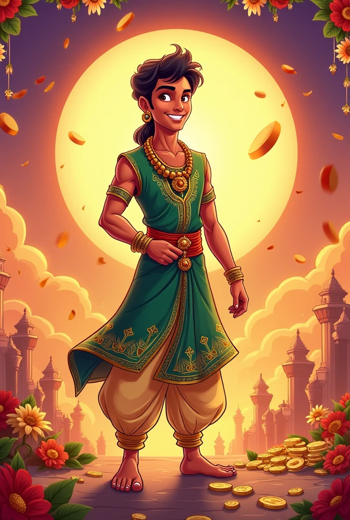 Full body image hindu male god cartoon picture with skinny body and kurta costume son of kubera Full body image
seeing front side