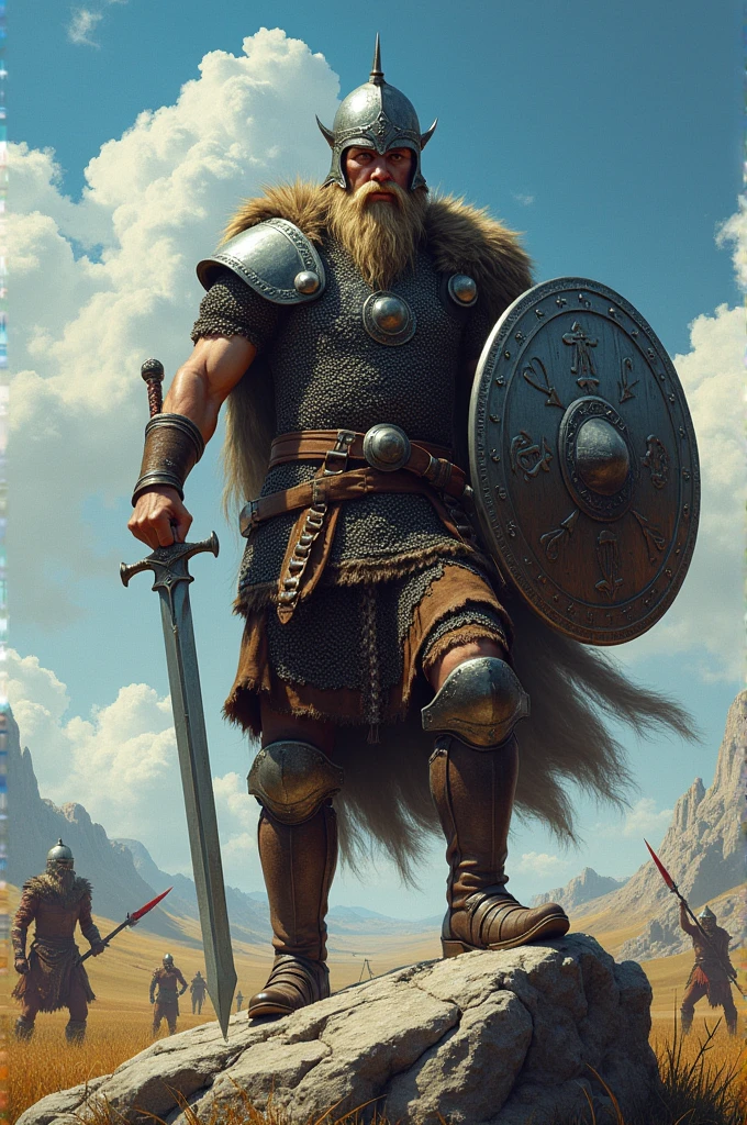 A viking warrior with his full armor , standing on a rock on a battle field, a viking sword on his hand , a viking metal helmet on his head, a viking shield on his other hand , real image, bright image