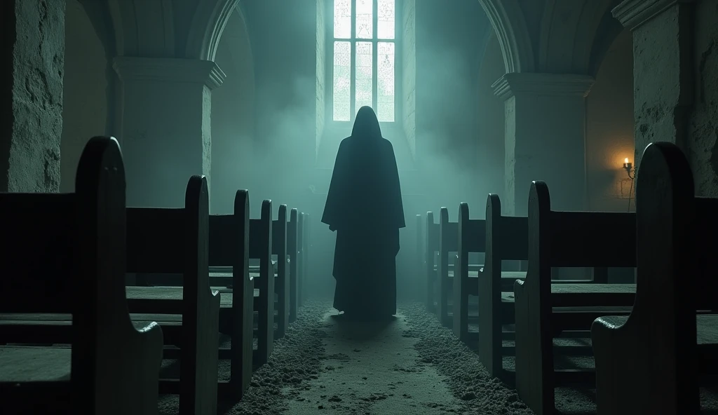 "The ghostly figure of a headless priest, dressed in tattered cassocks, wandering through a dark church shrouded in fog. The benches around it are dirty and worn., creating a chilling and dark atmosphere."