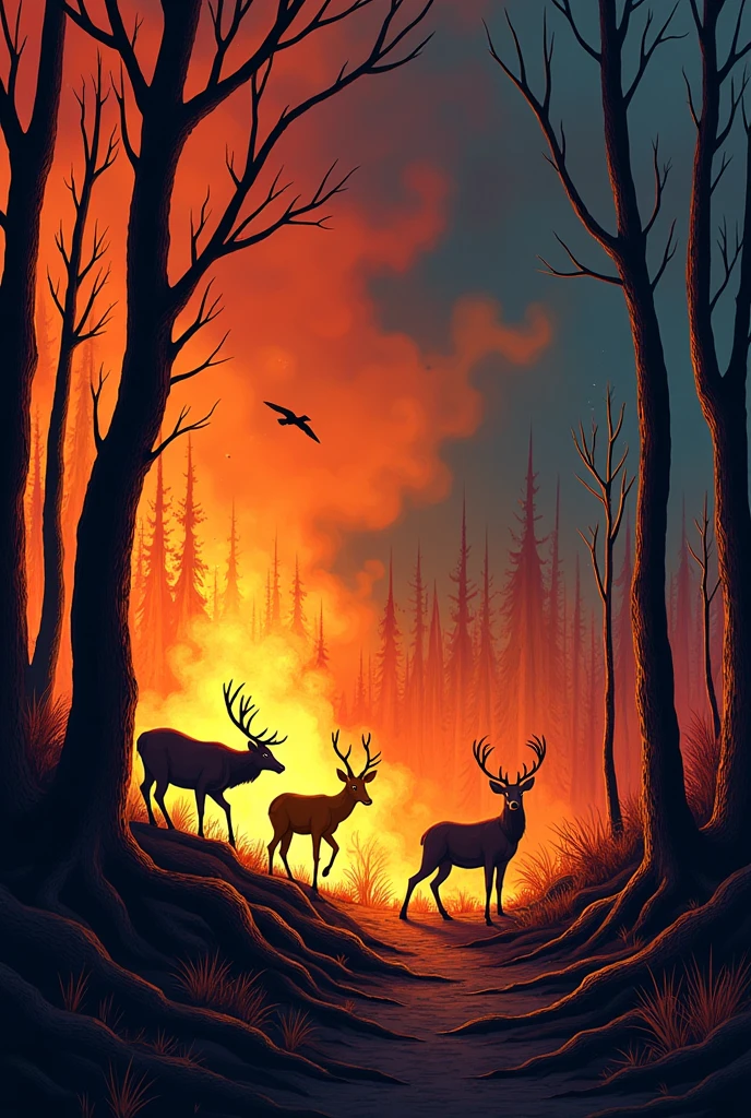 An illustration that is clean and easy to draw, where human cruelty is reflected in burning the native forests of Chile, that the animals are distressed, running from fire and flora, Well, burned. El dibujo tiene que denotar crueldad y generar conciencia de que el quemar los bosques no es Well.