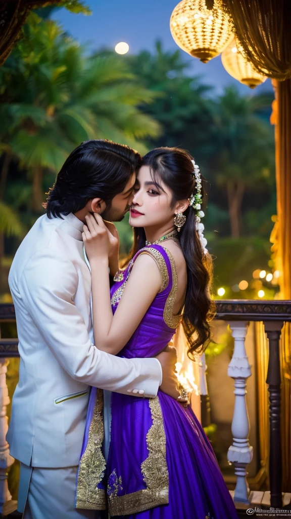 ((best quality)), ((masterpiece)), (detailed), 1girl, milky beautiful pretty indian courtesan kissing handsome king in spacious terrace. Their beauty is illuminated under moon light.she is wearing violet and green and he is wearing white attire.he is very masculine and strong. Her hair is long and framing her angelic face.
