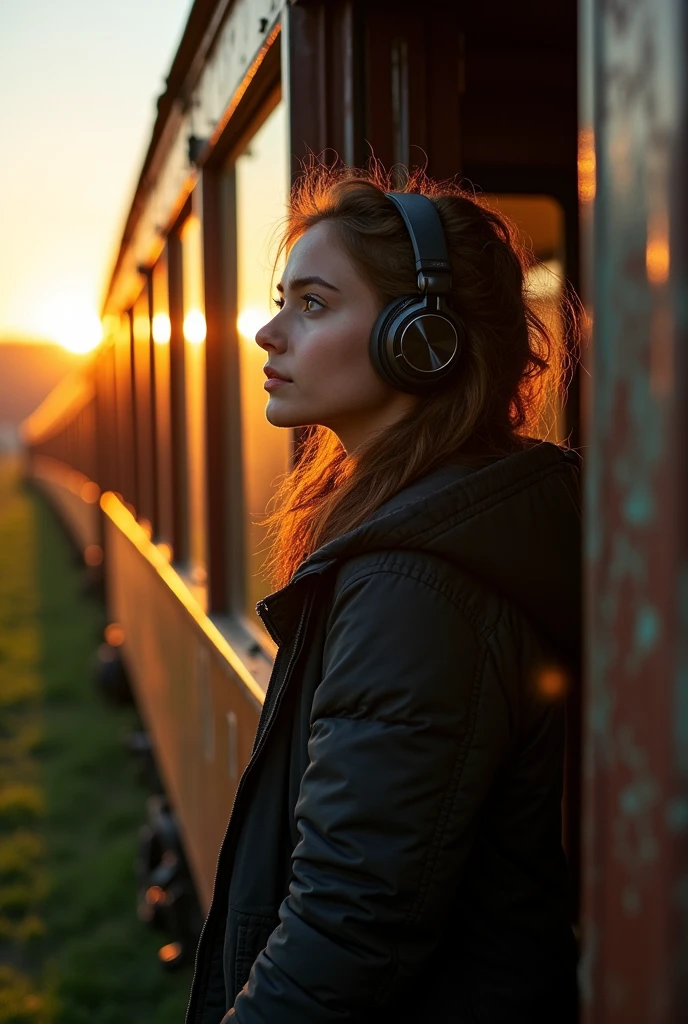 Create a photo of a person who is
Standing on the door of train with Black jacket and wearing black earbuds 