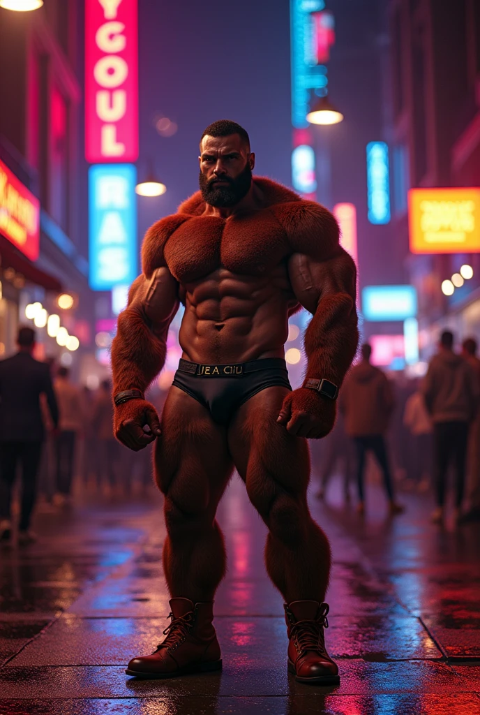 muscled bodyguard, robust, furry, big, virile and attractive in underwear, guarding the entrance to a nightclub on the street, standing firmly. with people passing by on the street
