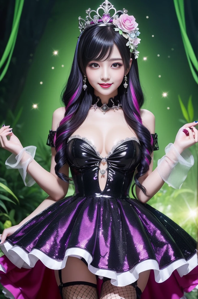 sexy stylish princess who controls poison、beautiful smile、lip-gloss、long lashes、intense makeup、look at the camera、full body Esbian、、sparkling poisoned flower costume、、、、shiny sparkling multicolor hair、secrete poison、skull hair accessories、fishnet tights、shiny sparkling dark magic forest background