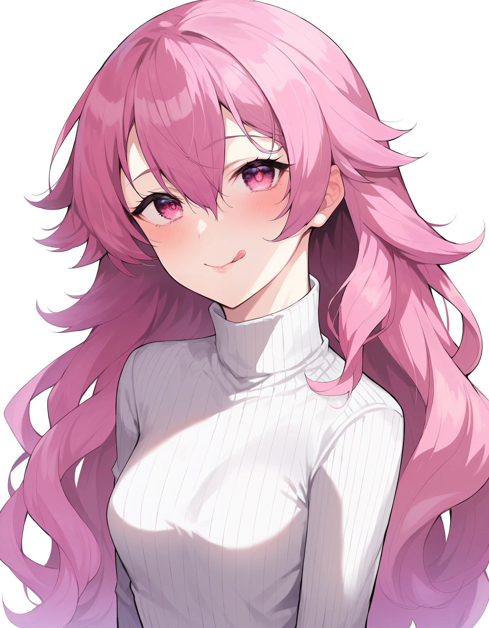 score_9, score_8_up, score_7_up, 1girl, solo, pink hair, long hair, pink eyes, white sweater, (small breasts), portrait, smile, tongue out, blush, looking at viewer, white background