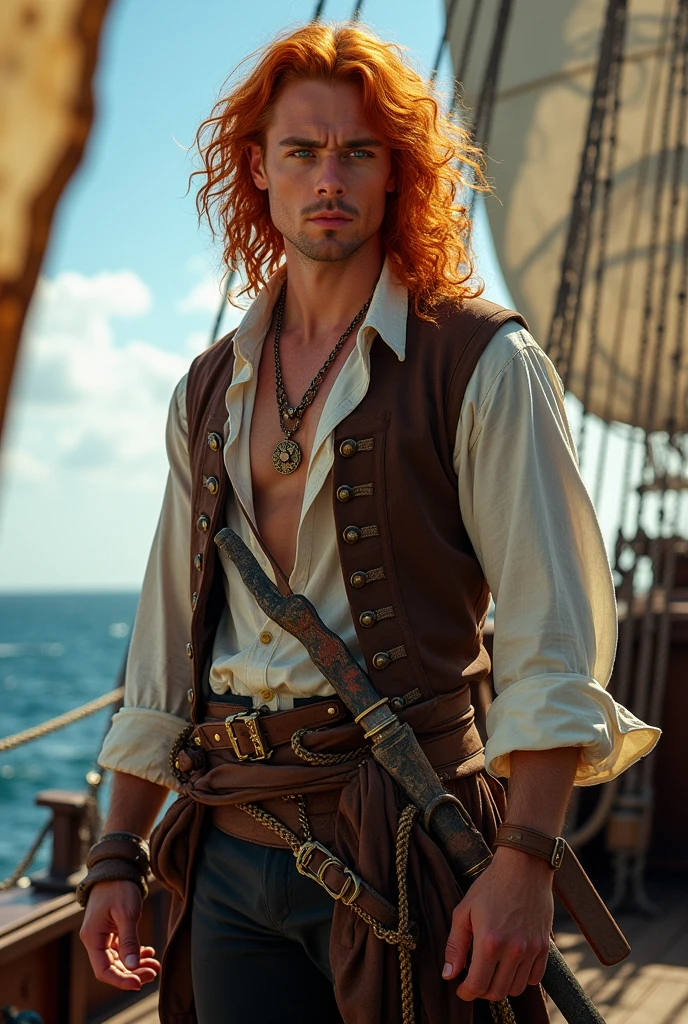 Create the image of an extremely handsome 18th century pirate, with vibrant, wavy red hair that falls freely over her shoulders. He is not wearing a hat, just a bandana allowing your hair and goatee to be the highlight. He has a confident and seductive look, with striking facial features, like a strong jaw and piercing emerald eyes. Your outfit should reflect the pirate fashion of the time., with a partially unbuttoned white linen shirt, showing part of his muscular chest, a brown leather vest and dark pants. Also include some pirate accessories, like a belt with a sheathed sword and hoop earrings in one ear. The background may suggest a pirate ship or the deck, with subtle nautical details