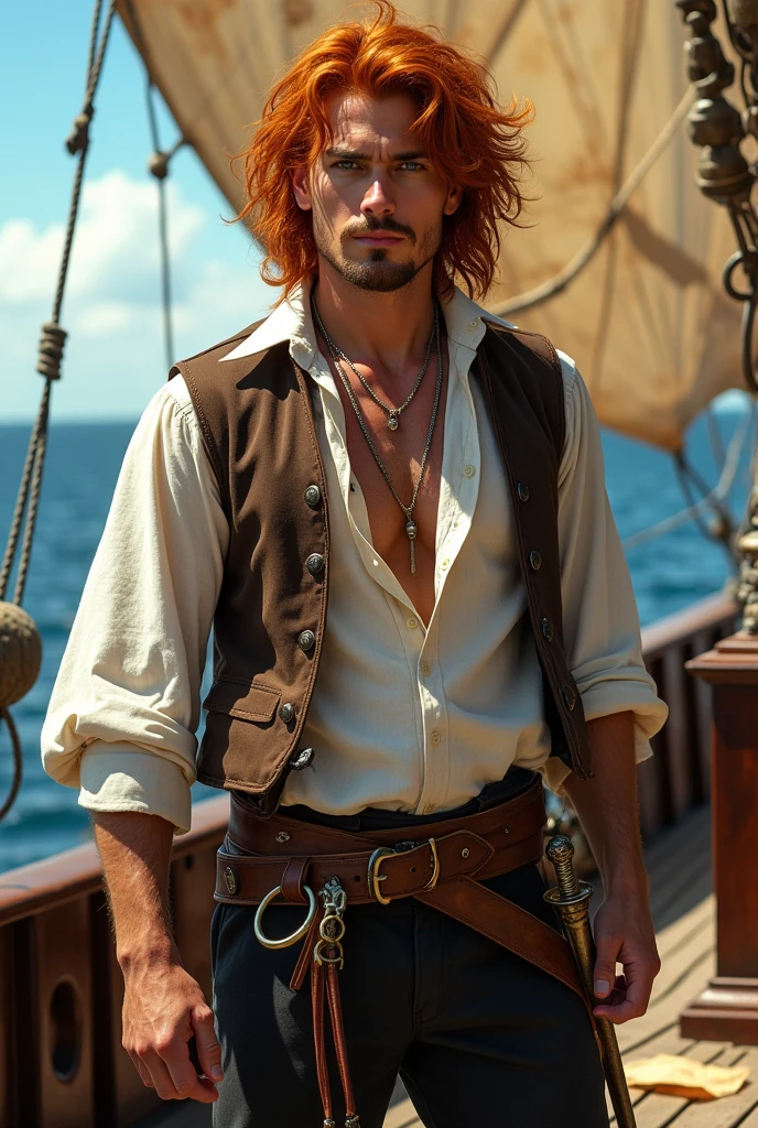 Create the image of an extremely handsome 18th century pirate, with vibrant, wavy red hair that falls freely over her shoulders. He is not wearing a hat, just a bandana allowing your hair and goatee to be the highlight. He has a confident and seductive look, with striking facial features, like a strong jaw and piercing emerald eyes. Your outfit should reflect the pirate fashion of the time., with a partially unbuttoned white linen shirt, showing part of his muscular chest, a brown leather vest and dark pants. Also include some pirate accessories, like a belt with a sheathed sword and hoop earrings in one ear. The background may suggest a pirate ship or the deck, with subtle nautical details