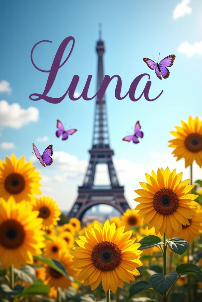 You can create a background image of the Eiffel Tower with the name Luna, that has to do with sunflowers and purple butterflies