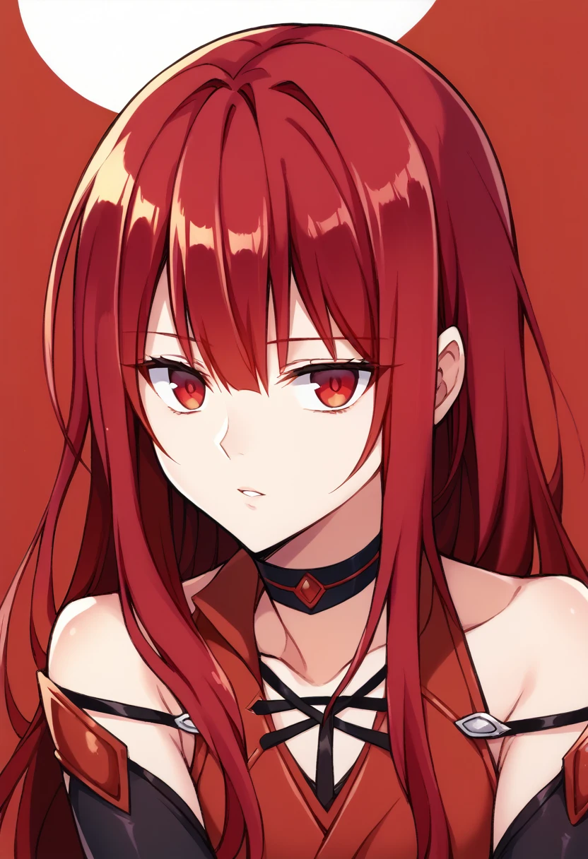 score_9, score_8_up, score_7_up, source_anime, 1girl, Elesis, red hair, long hair, red eyes, gloves, choker, collarbone, bare shoulders, red vest, black elbow gloves, looking at viewer, expressionless, upper body, parted lips, portrait,