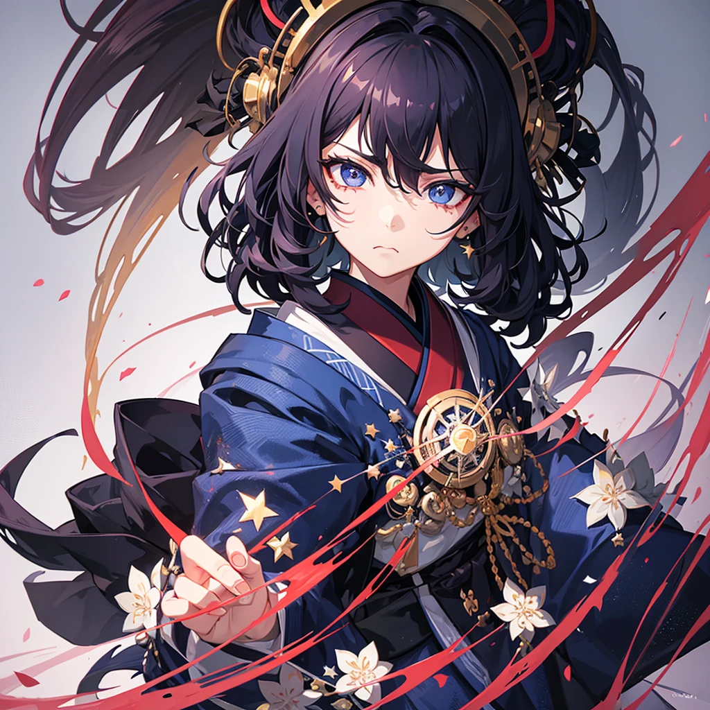 She is a human, she is a woman, She has a kimono and she is angry and she has short, curly hair. His eyes are blue with a star in his eyes, and the other left eye is a black one with many studs in its eyes. He has a serious and upset face.
