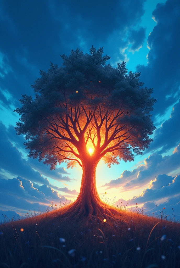 Anime graphic image with reference to the burning bush in the Bible, With blue colors, yellow and orange in evidence 
