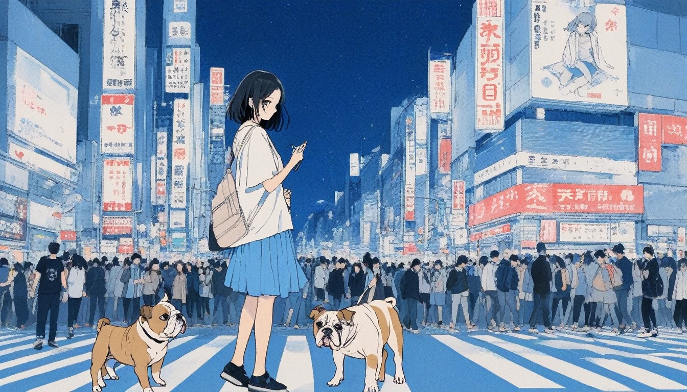 Illustrator, anime , Realistic ,sketch , Inside the intersection、A woman holding a bulldog, nail、T-shirt,order,Textured Trim, (masterpiece,Highest quality) Blue background, neonヘア,Textured Trim, Canadian, (masterpiece,Highest quality) Cancer,night、neon、Dark Eyes、night、Capture the serene side of Shibuya Crossing at night, blending city ambiance with soothing melodies.