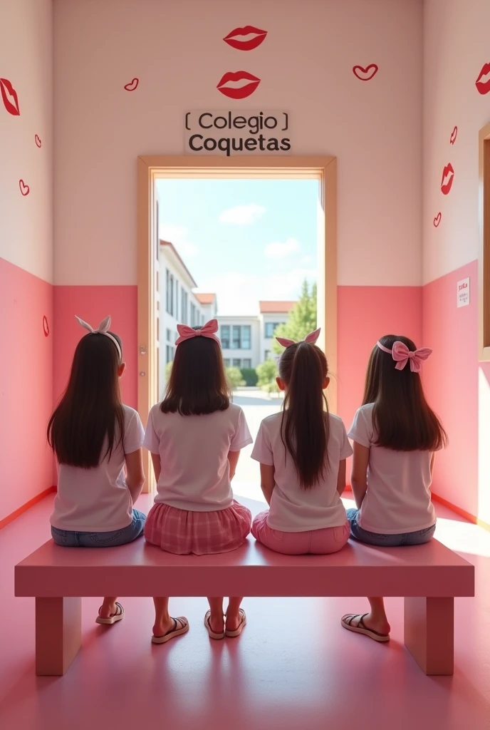 (photorealism:1.2)
In a pink and white classic school hallway, At the end of the hallway there's a pink big school open door that leads to the school inside yard, A sign that reads the words "Colegio Coquetas" is over that door, and many drawings of 💋 can be seen on the walls, there are four 16-year-old sexy schoolgirls, all girls European white light skin, straight hair, all with cute pink headbands on their heads, all girls wearing sexy see-through fabric white shirts and pink . The girls are sitting on a pink bench at the opposite side of the door, and looking facing at the door that leads to the school inside yard,
View: Over the shoulder perspective photo,
high resolution, masterpiece, best quality, intricate details, highly detailed, Hiperrealistic