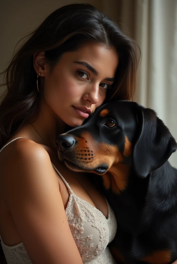 Have a dog having sex with a dark-skinned woman with Mexican highlights