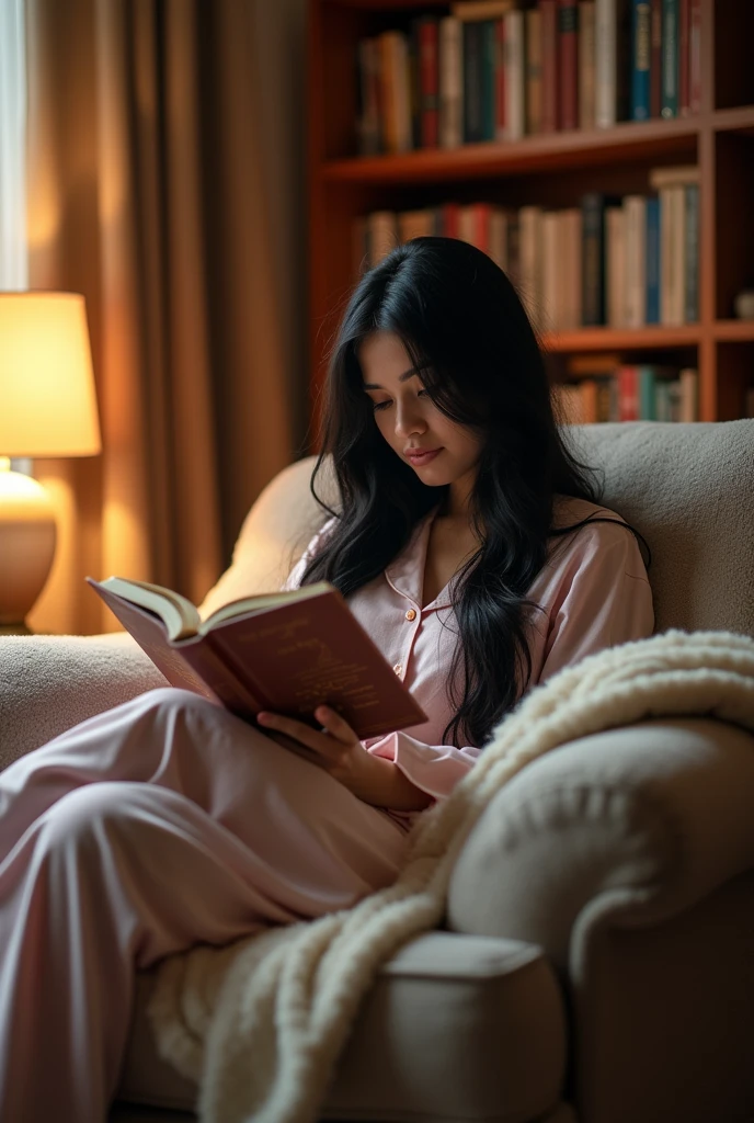 pretty woman, long black hair, reading book in room, wearing pajamas