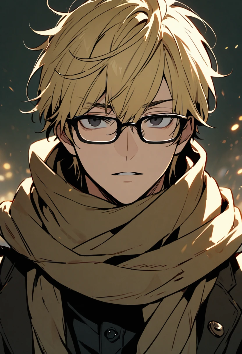 male, solo, handsome, glasses, black eyes, blond hair, innocent, scarf, front face