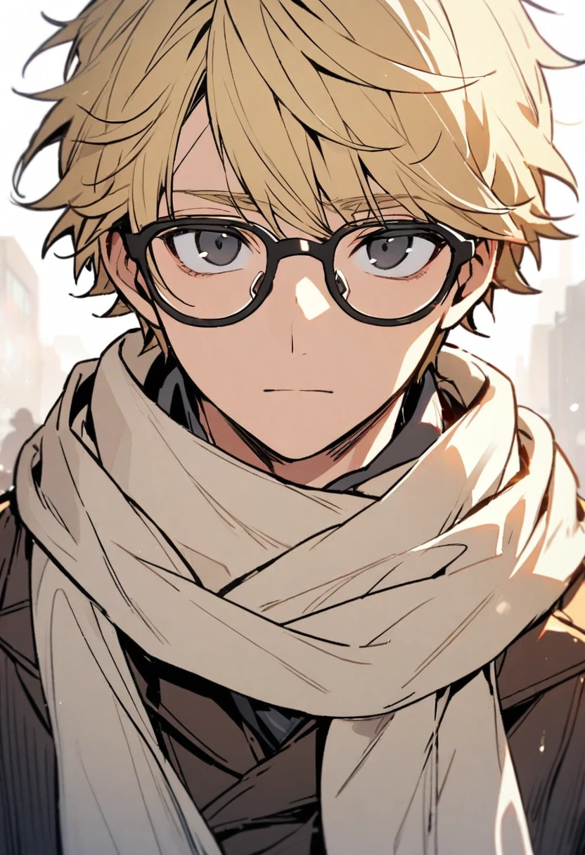 male, solo, handsome, glasses, black eyes, blond hair, innocent, scarf, front face