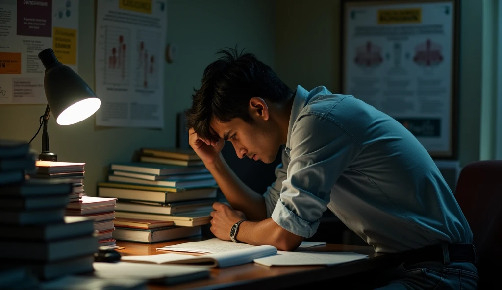 Indian student could not crack job interview, frustrated, sitting in study room