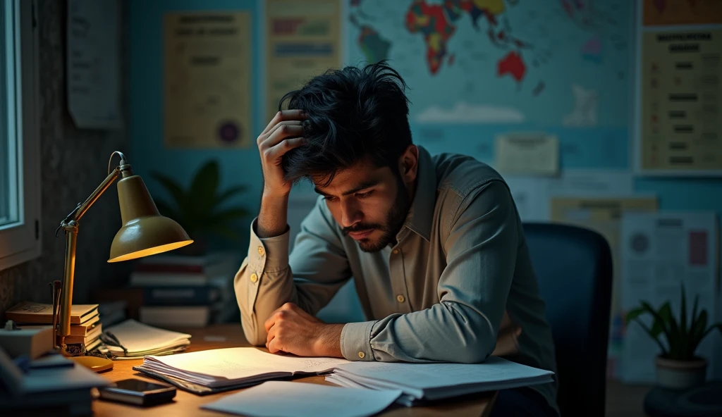 Indian student could not crack job interview, frustrated, sitting in study room