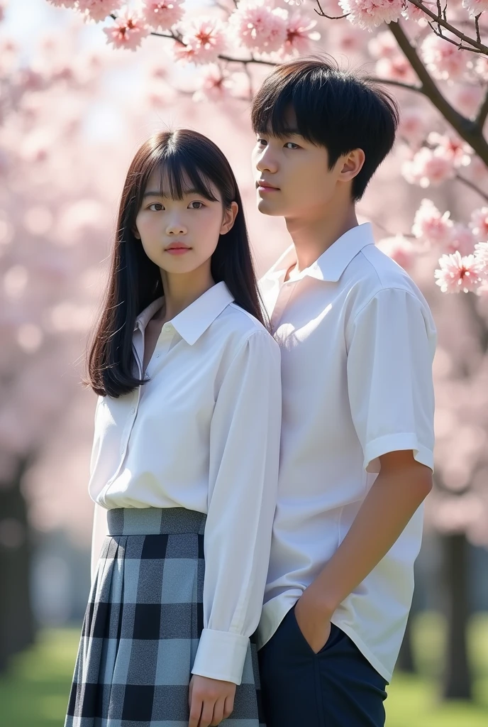 A picture of a Japanese high school girl with straight black hair and a tall handsome boy.。
The uniform is a white shirt。
The skirt is checkered in light blue, navy blue, and gray.。
The length of the skirt is shorter than above the knee, the hair is about waist length, the bangs are neatly trimmed and cover the eyebrows, like Nogizaka 46, seen from the right diagonal, height 180cm。 Model-like. Both of their faces are visible, so it's almost like a photograph.