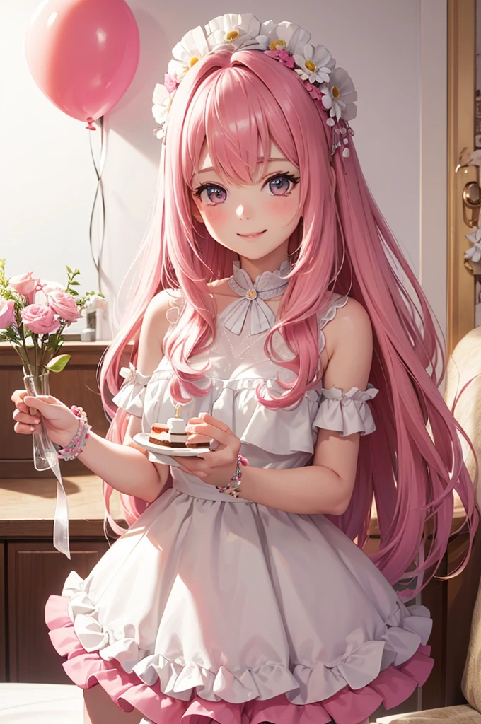 Best Quality,High resolution,8k,(plain white background, no patterns, no textures, just a plain white background:1.3),Masterpiece:1.2),beautiful girl,(Shiny pink hair),messy hair,Beautiful pink eyes,A cheerful girl holding a beautifully decorated birthday cake, smiling warmly as she presents it to the birthday person. She is dressed in a cute and festive outfit, with her hair styled naturally, enhancing her joyful expression. The cake has lit candles, and the room is filled with balloons and streamers, creating a joyful atmosphere perfect for celebrating the special day,Gentle look,A refreshing look,smile,Best quality,Best Quality,Aesthetic and aesthetic:1.2,Best details((Super detailed))(High-definition CG illustrations),Slender body,smile,blush,cute,Scrounge,Looking up,Being spoiled,super model