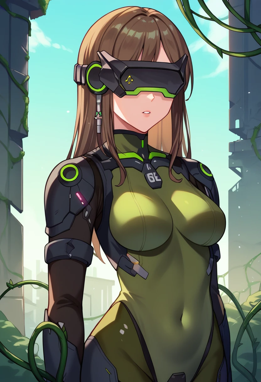 score_9, score_8_up, score_7_up, source_anime BREAK 1girl, solo,mssprd, head-mounted display, covered eyes, brown hair, long hair, green bodysuit, parted lips, outdoors, standing, blue sky, post-apocalypse, ruins, concrete, overgrown, vines, dappled sunlight, city, science fiction