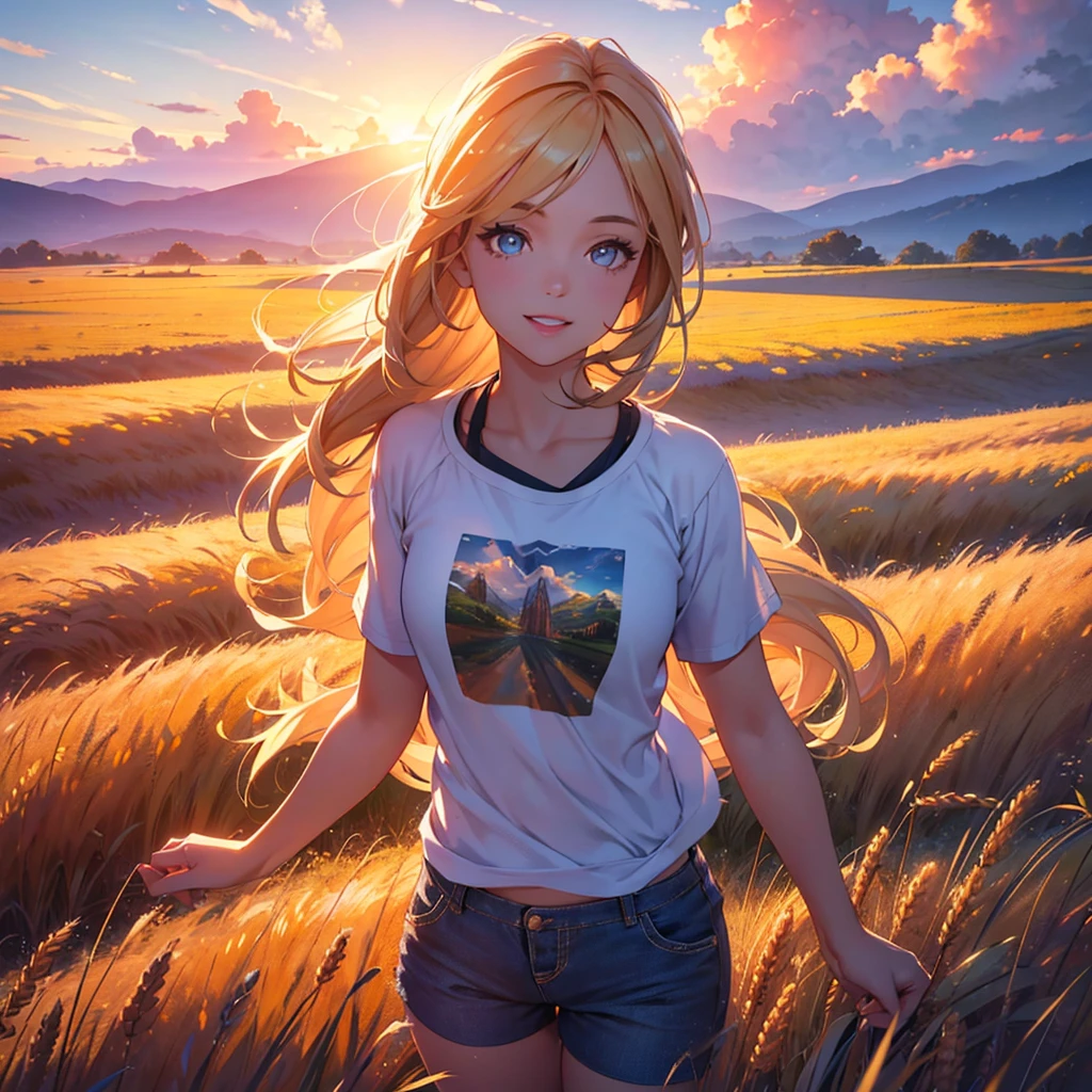 a girl running through a wheat field, holding the viewer's hand, smiling, wearing shorts and a t-shirt, against a backdrop of blue sky and billowing clouds, beautiful detailed eyes, beautiful detailed lips, extremely detailed eyes and face, long eyelashes, (best quality,4k,8k,highres,masterpiece:1.2),ultra-detailed,(realistic,photorealistic,photo-realistic:1.37),landscape,vibrant colors,natural lighting,golden hour