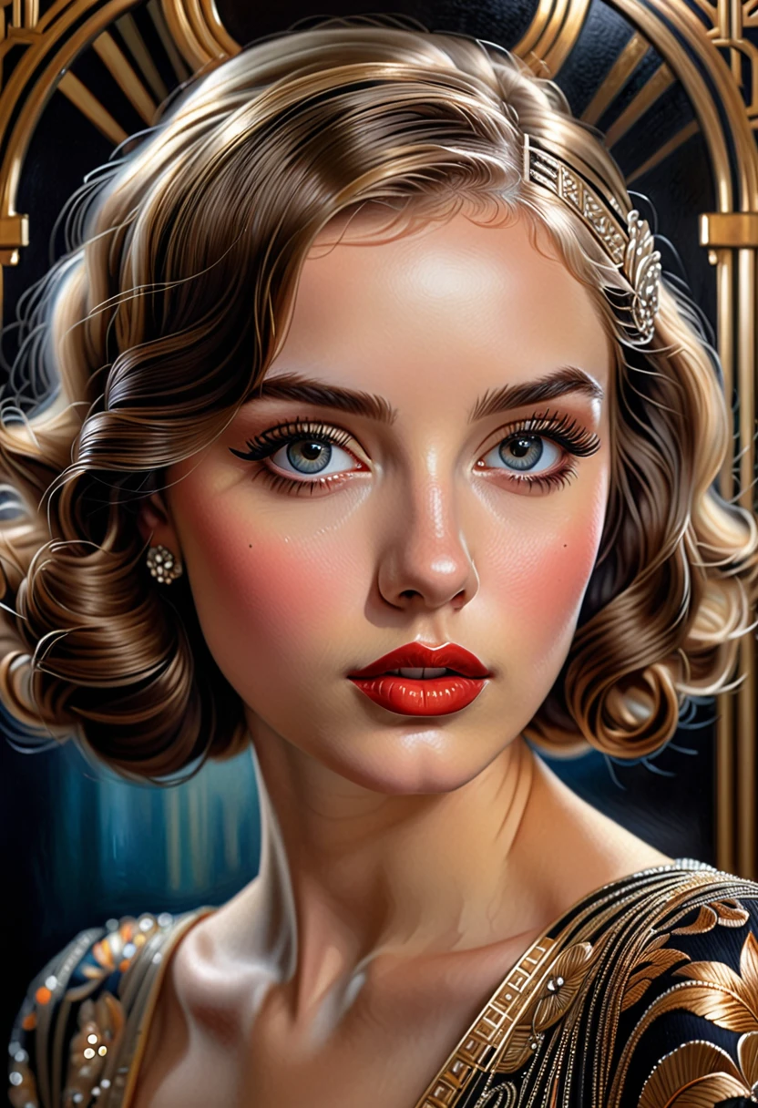 a girl in an art deco style portrait, highly detailed, realistic, oil painting, dramatic lighting, beautiful detailed eyes, beautiful detailed lips, extremely detailed face, long eyelashes, high quality, 8k, best quality, masterpiece