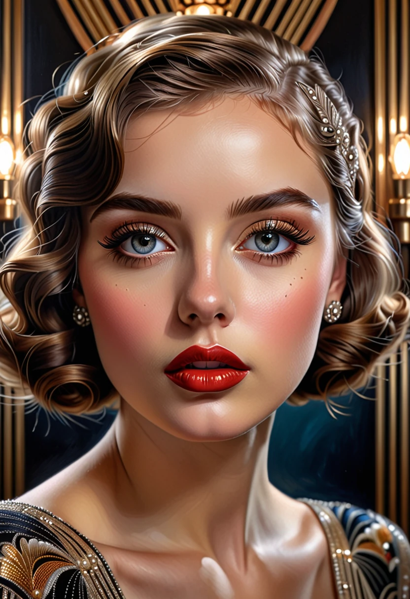 a girl in an art deco style portrait, highly detailed, realistic, oil painting, dramatic lighting, beautiful detailed eyes, beautiful detailed lips, extremely detailed face, long eyelashes, high quality, 8k, best quality, masterpiece