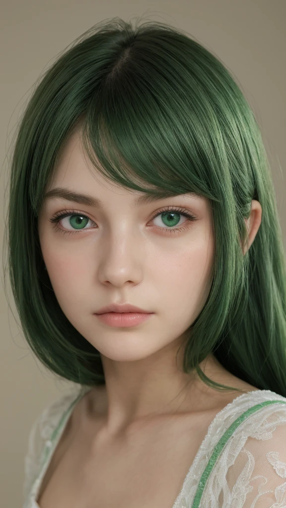a girl. European. Extremely detailed face. Oval face. Delicate facial features. Half-closed eyes. Long straight hair. Green hair. Green eyes. sulky. Shy. Straight face