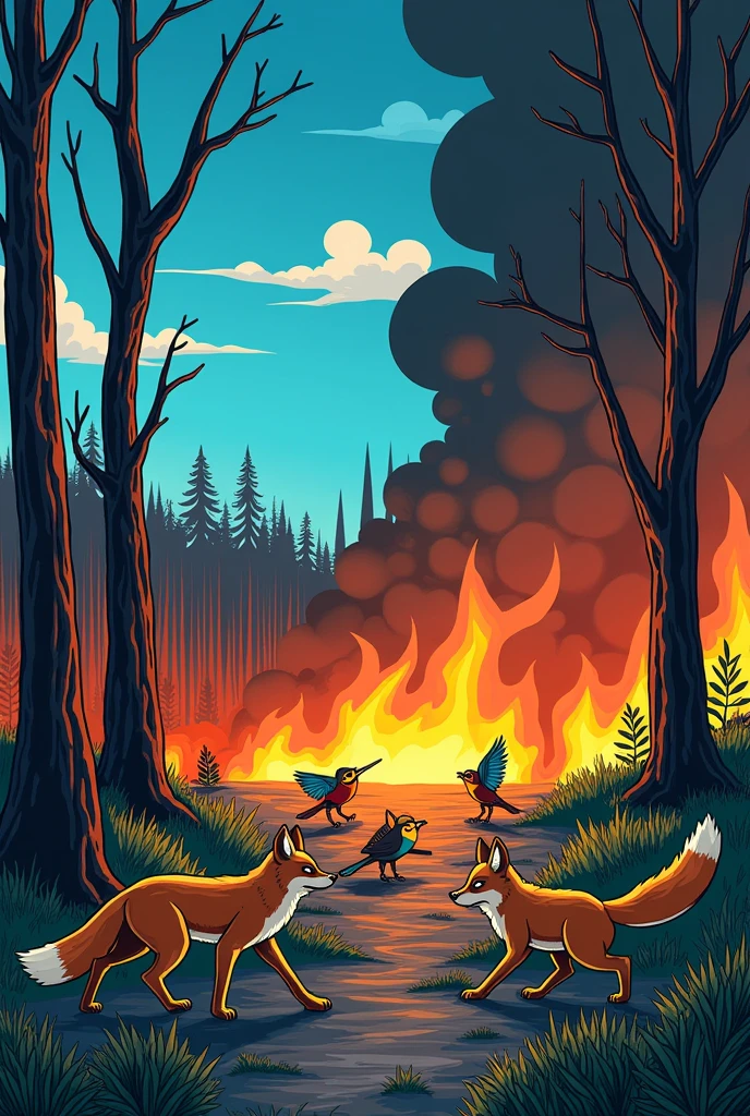 An illustration that is clean and easy to draw, where human cruelty is reflected in burning the native forests of Chile, that the animals are distressed, running from fire and flora, Well, burned. El dibujo tiene que denotar crueldad y generar conciencia de que el quemar los bosques no es Well. that is easy to draw, clean. How an 18 year old cartoonist would do it.