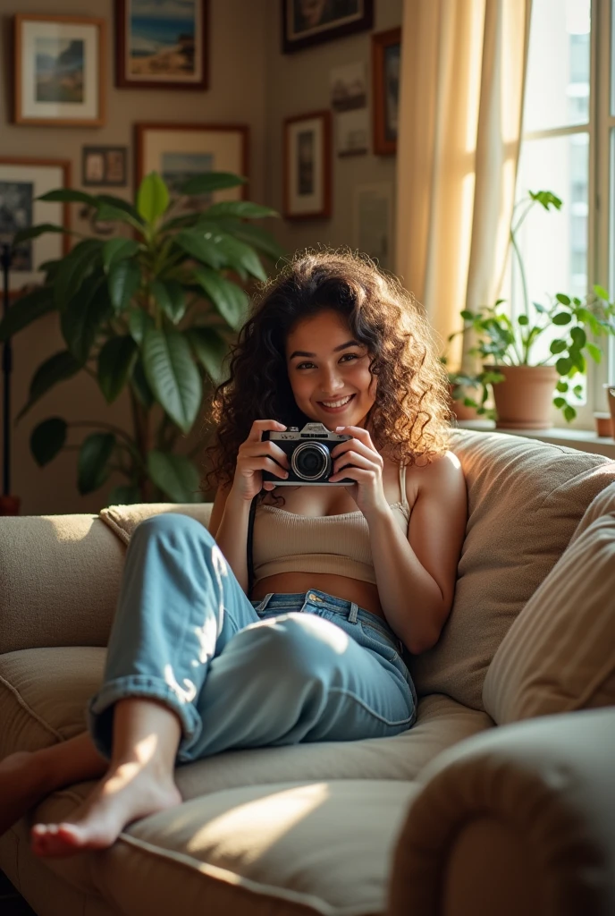 A brunette girl with curly hair and big breasts sits with her legs stretched out, taking a realistic photo