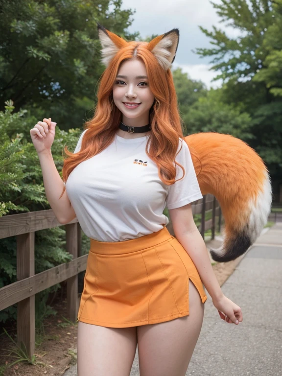 (best quality,4k,8k,highres,masterpiece:1.2),ultra-detailed,(realistic,photorealistic,photo-realistic:1.37),cute,solo girl with orange long wavy hair,blue eyes,fox ears,fluffy fox tail,wearing traditional Japanese  clothing, summer time in Japan,beautiful garden scenery,lush greenery,colorful